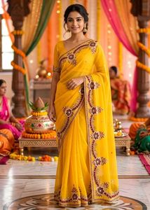 Mustard Yellow Embroidered Saree With Blouse