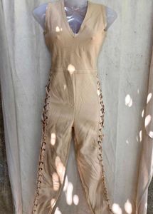 162510. Beige Lace-Up Jumpsuit