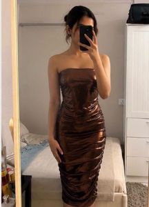 Metallic Brown Ruched Tube Midi Dress |XS