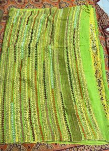 Vibrant Lemon Green Kantha Stitch Saree