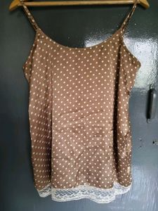 Brown Polka Dot Cami with Lace Trim