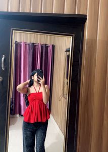 Red Strapless Cinched Top