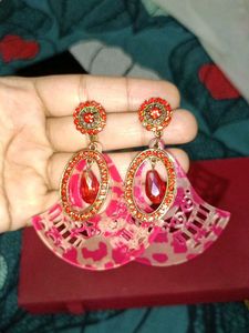 Elegant Gold &amp; Teal Studs + Red Fan Earrings