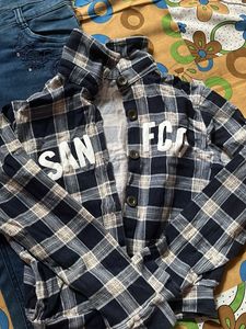 Blue Denim Capris &amp; Plaid Shirt Set combo