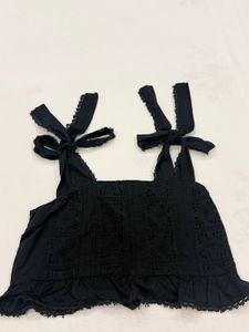Black Eyelet Tie-Strap Crop Top