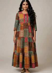 Tiered Patchwork Maxi Kurta with erring Maan tika