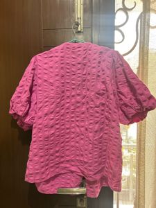 Pink Puff Sleeve Button-Down Top