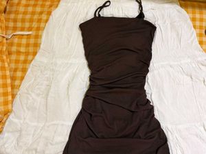 Brown Ruched Spaghetti Strap Dress
