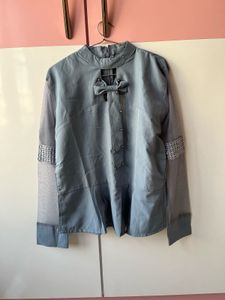 Elegant Gray Tie-Neck Blouse