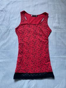 Red Floral Tank Top with Black Lace Trim