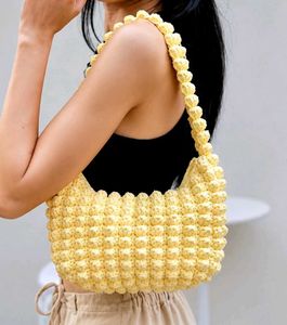 Cream Crochet Hobo Bag with Pink Ribbon