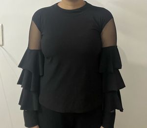 Black Mesh Sleeve Tiered Top