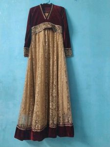 Elegant Maroon and Gold Gown