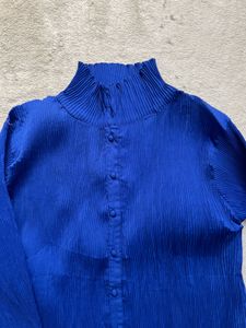 Vibrant Blue Pleated Mock Neck Button-Up Shirt