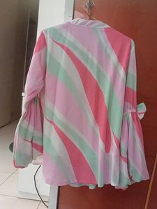 Sheer Striped Tie-Neck Blouse with Floral Applique