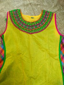 Vibrant Yellow Kurta with Embellished Neckline