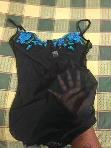 Black Sheer Cami with Blue Floral Embroidery