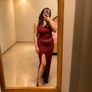Elegant cherry red Maxi Dress with High Slit