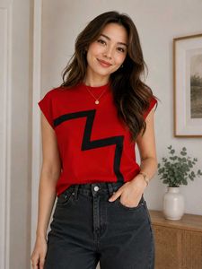 Trendy Red Designer Top with Black Zigzag Print 🎀