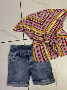 Striped Top & Denim Shorts Set