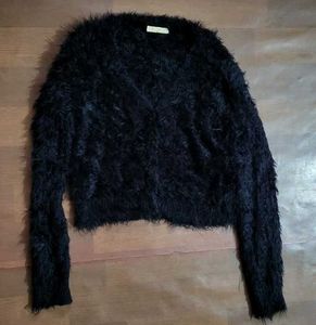 Black Fuzzy Cropped Button-Up Sweater