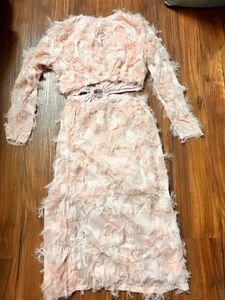 Brand New Peach Feather-Detail Cut-Out Dress