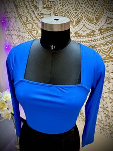 Blue Square Neck Long Sleeve Crop Top