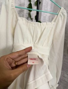 Chic White Square Neck Puff Sleeve Dress(XS)