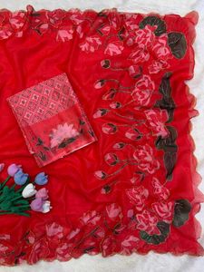 Vibrant Red Floral Saree