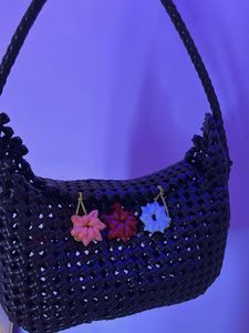 Unique Woven Hobo Bag with Floral Charms