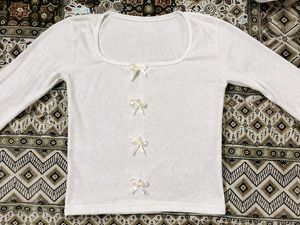 Cute White Ribbed Crop Top with Bows
