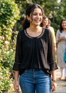 Antheaa Black Pleated Top with Beaded Neck - Size