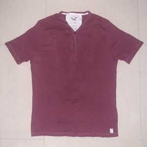 Authentic FCUK Men's Burgundy Henley T-Shirt
