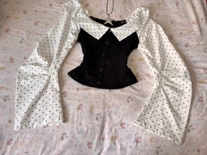 Black &amp; White Polka Dot Flare Sleeve Top