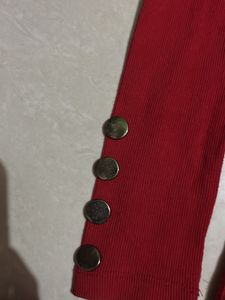 Red Turtleneck Top with Button Detail