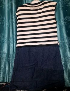 Denim Dress With Black And White Stripes