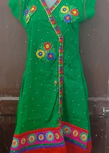 Green Embroidered Angrakha Style Kurta