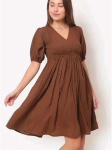 Chic Brown V-Neck Puff Sleeve Dress