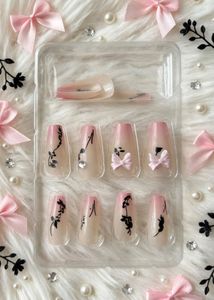 Pink Ombre Square Press-On Nails – Cute Bow & Blac