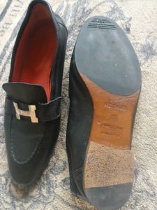Authentic Hermes Black Leather Loafers with H Buck