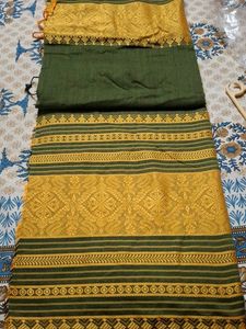 Green &amp; Gold pure  begampuri khadi cotton saree wi
