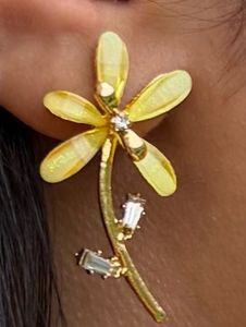 Yellow Flower Stud Earrings with Crystals