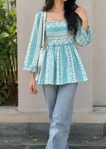 Chic Teal & White Printed Peplum Top