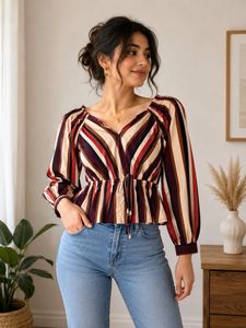Multicolor Striped Puff-Sleeve Crop Top ✨ | Chic &amp;