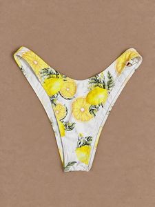 Lemon Citrus Print High-Cut Stretch Bikini Bottom