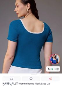 round neck teal blue lase embllised cotton top