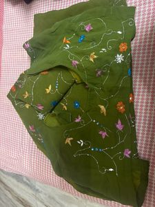 Olive Green Embroidered Saree with Floral Work