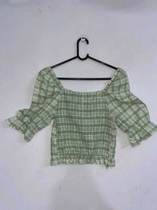 Cute Green Plaid Square Neck Top