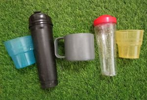 Plastic cups and bottles.