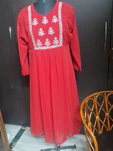 Red Kurta with White Embroidery
